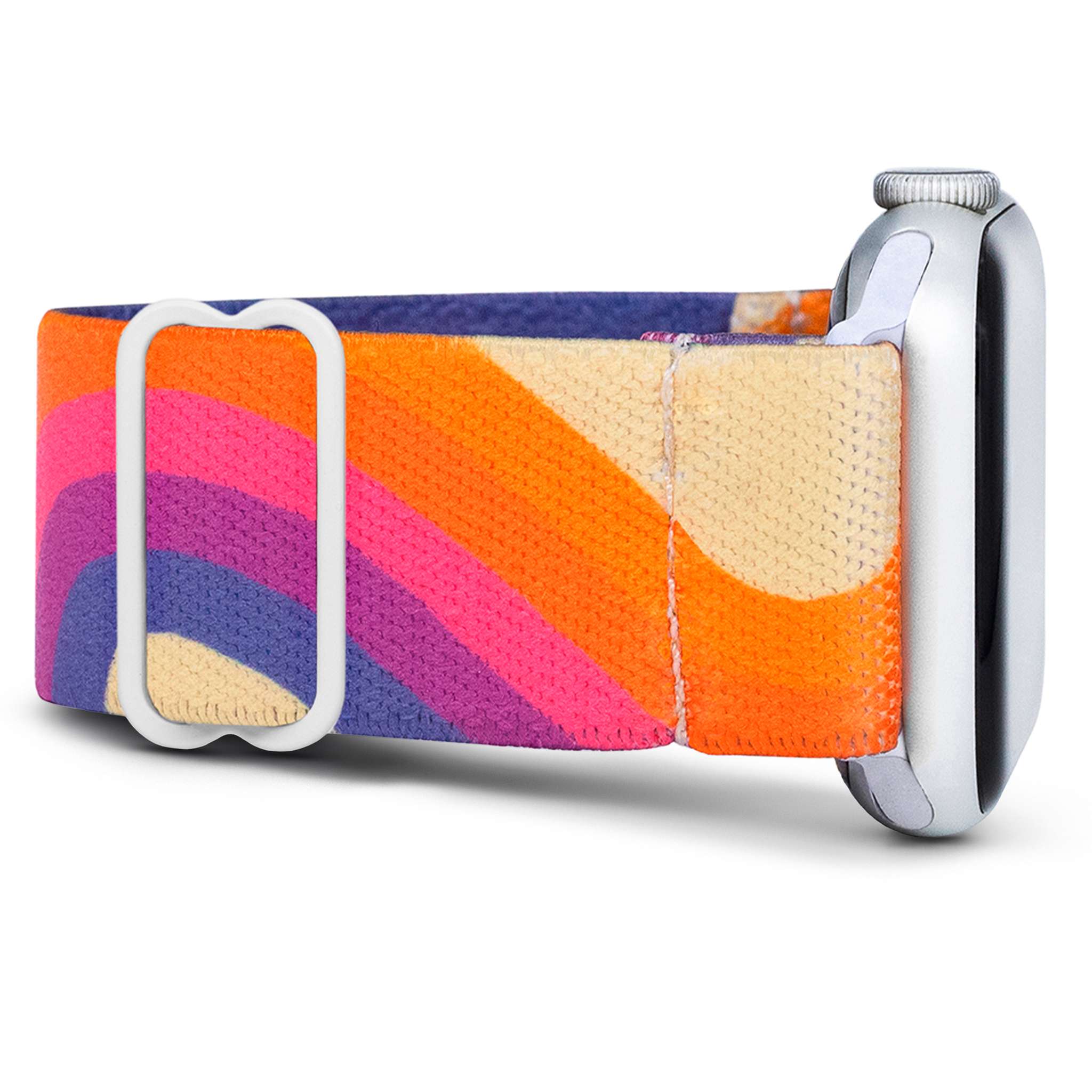 Smartwatch with a colorful, wavy-patterned strap.
